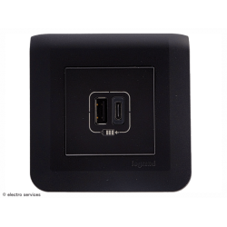 Prise Double chargeur USB  Type-A + Type-C Mosaic Legrand Noir complet - Avec griffes - MCN010G