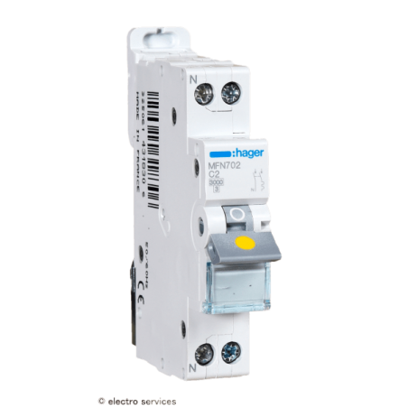 Disjoncteur 2A 1P+N courbe C 3kA Hager MFN702 1 module