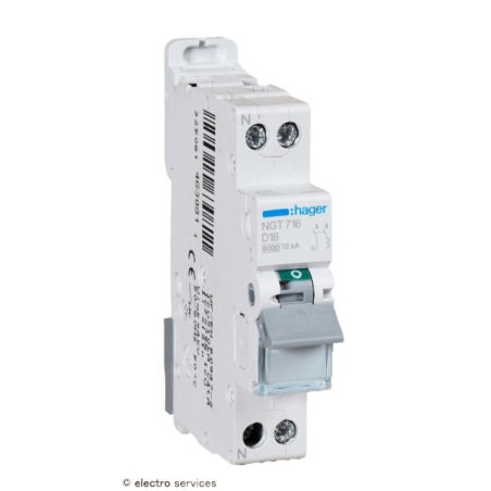 Disjoncteur 16A 1P+N courbe D 6–10kA Hager NGT716 1 module