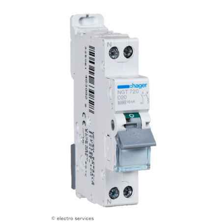 Disjoncteur 20A 1P+N courbe D 6–10kA Hager NGT720 1 module