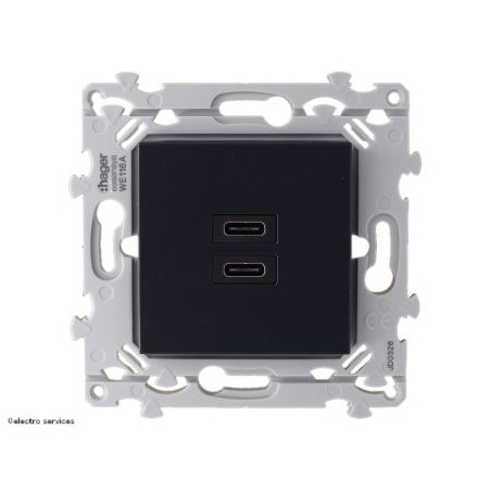 Chargeur mural Hager WE116A double USB‑C 20W encastré anthracite pour smartphone et tablette